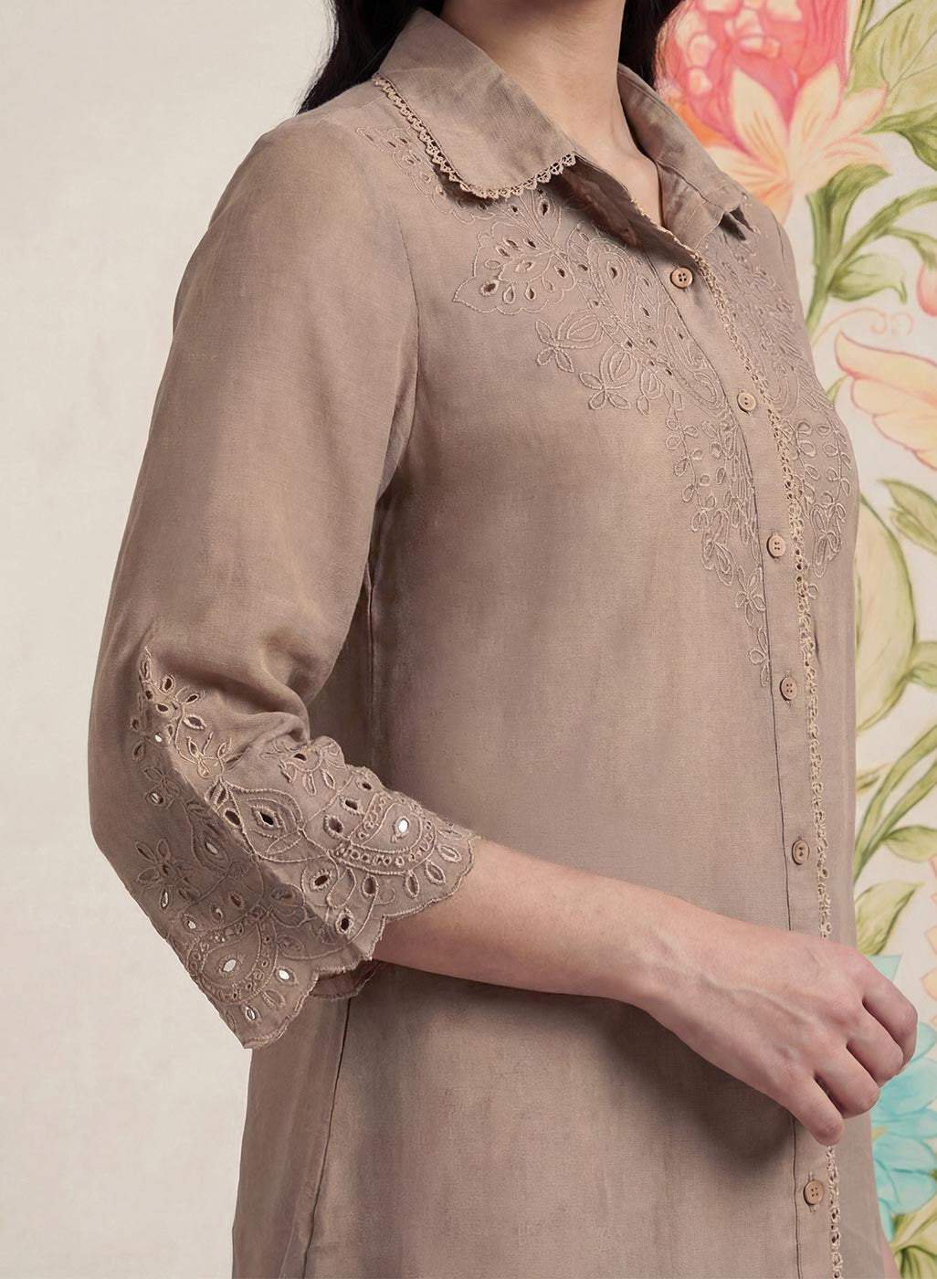 Zoa Beige Monochrome Embroidered Co-ord Set