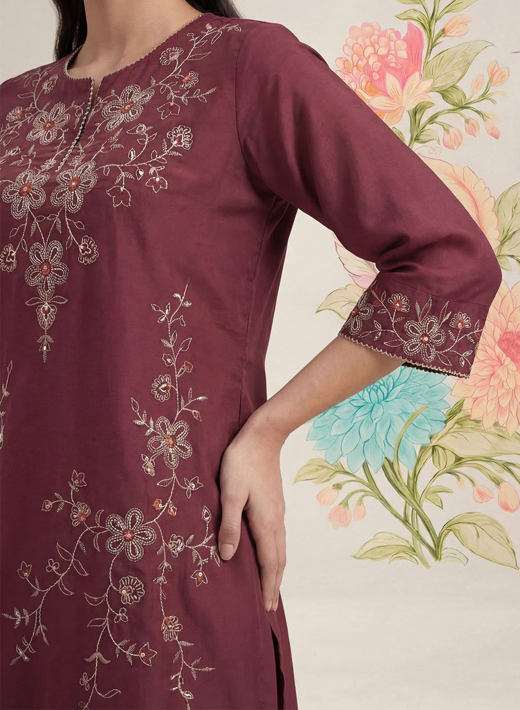 Jogan Maroon Embroidered Chanderi Kurta Set