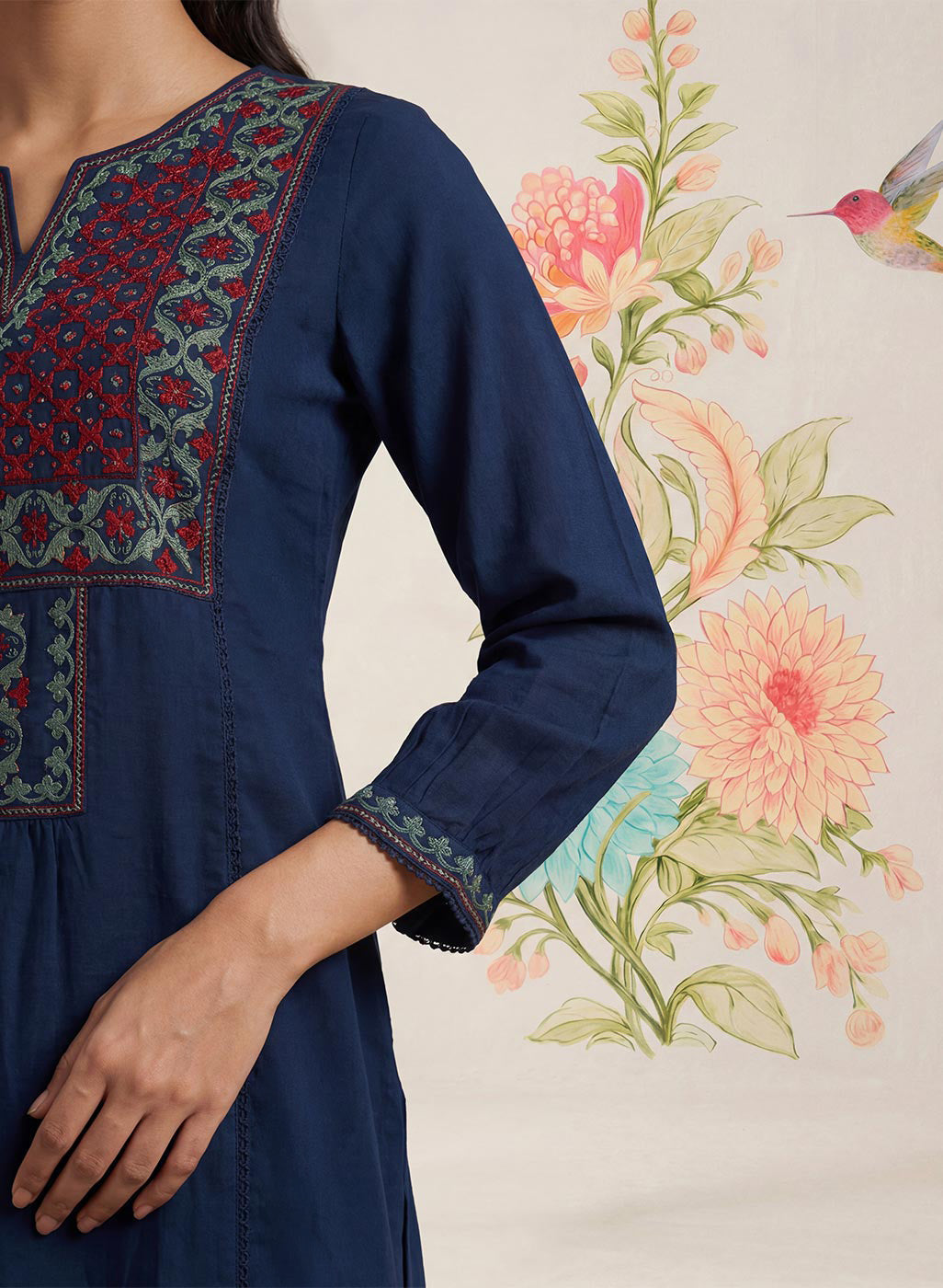 Jugni Navy Embroidered A-line Kurta