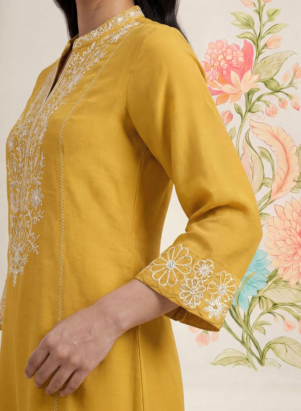 Saroja Yellow Embroidered A-line Kurta Set