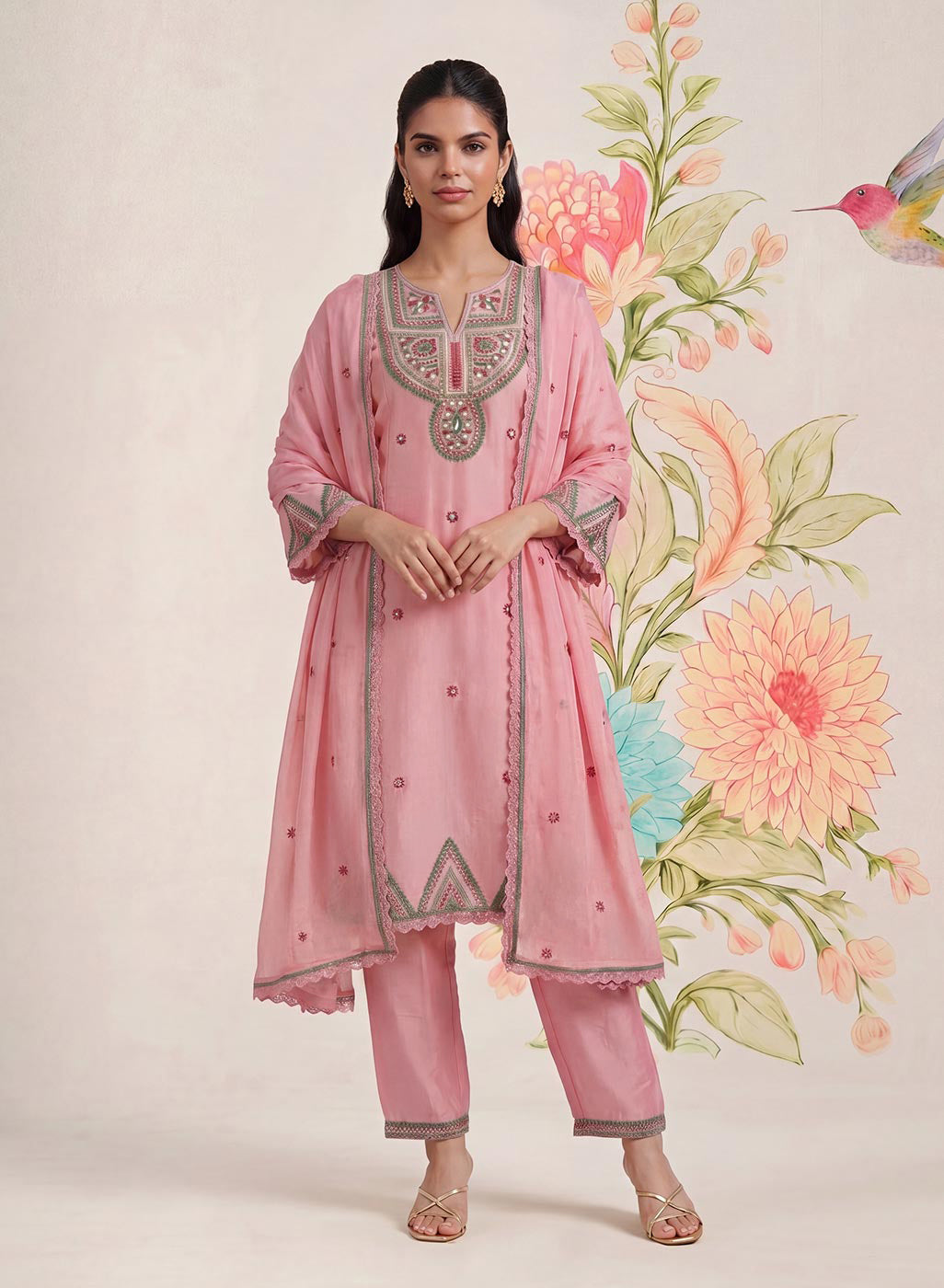 Albeli Baby Pink Embroidered A-line Suit Set with Dupatta