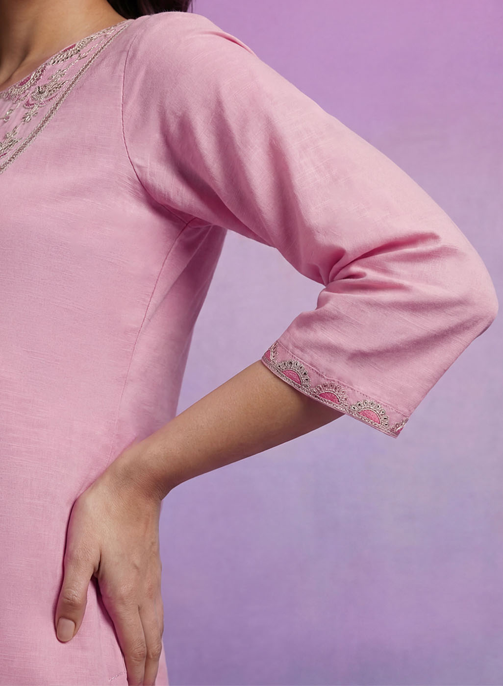 Pink Embroidered Cotton blend Kurta Set