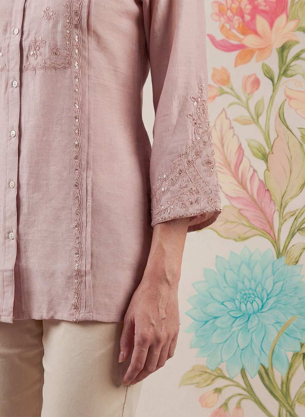 Tiri Baby Pink Monochrome Embroidered Shirt