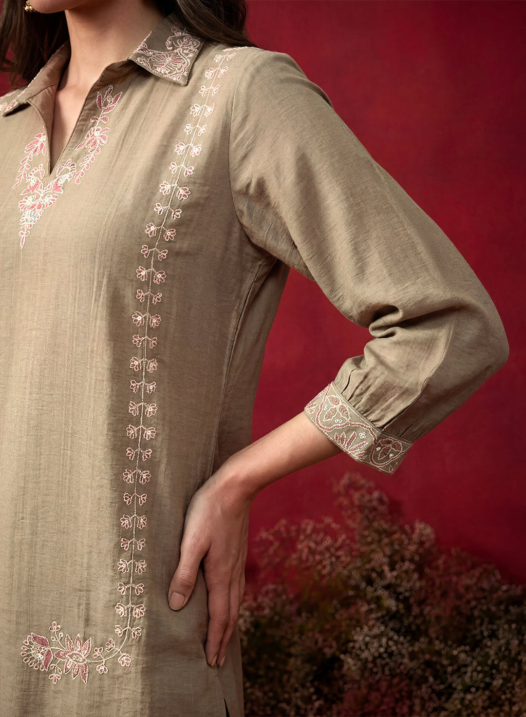 Green Embroidered Cotton Blend Regular Co-ord Set