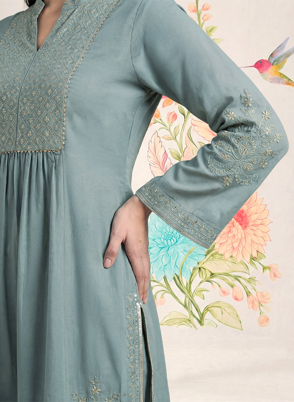 Malang Green Embroidered A-line Kurta Set