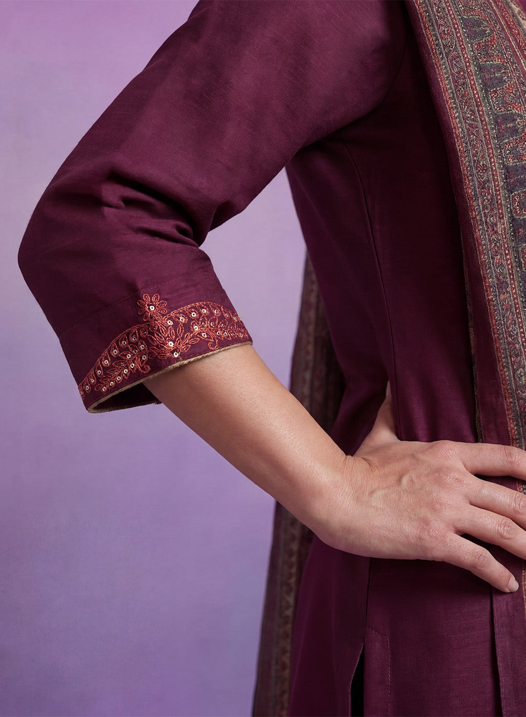 Wine Embroidered Suit Set with Dupatta