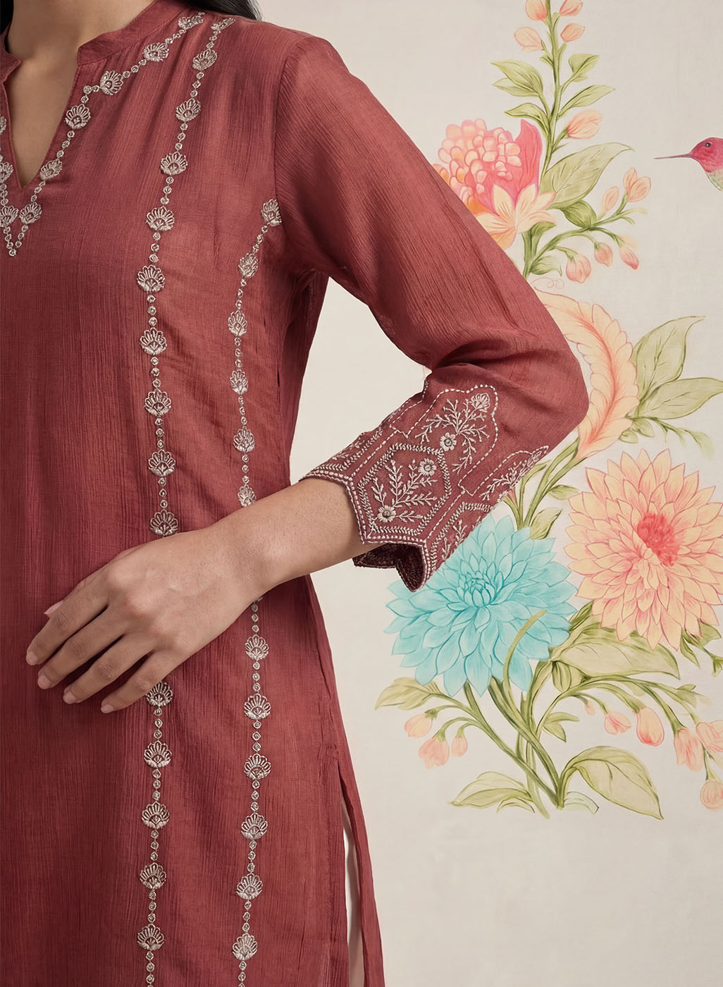 Akshi Red Embroidered A-line Linen-blend Tunic