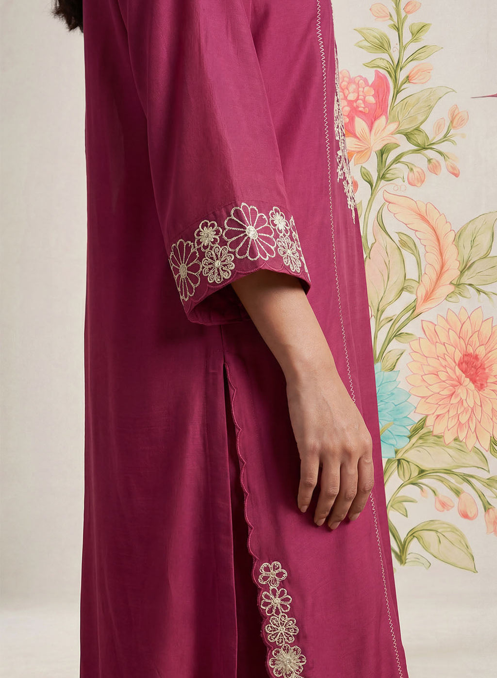 Saroja Dark Fuchsia Embroidered A-line Kurta Set