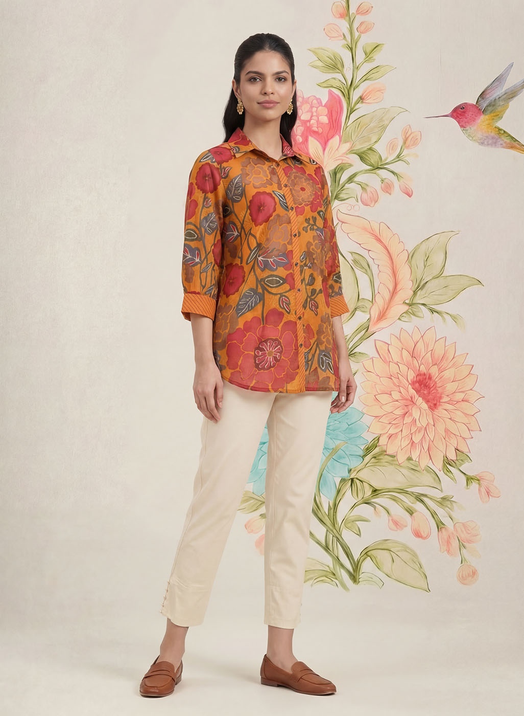 Survani Mustard Floral Printed Cotton Shirt