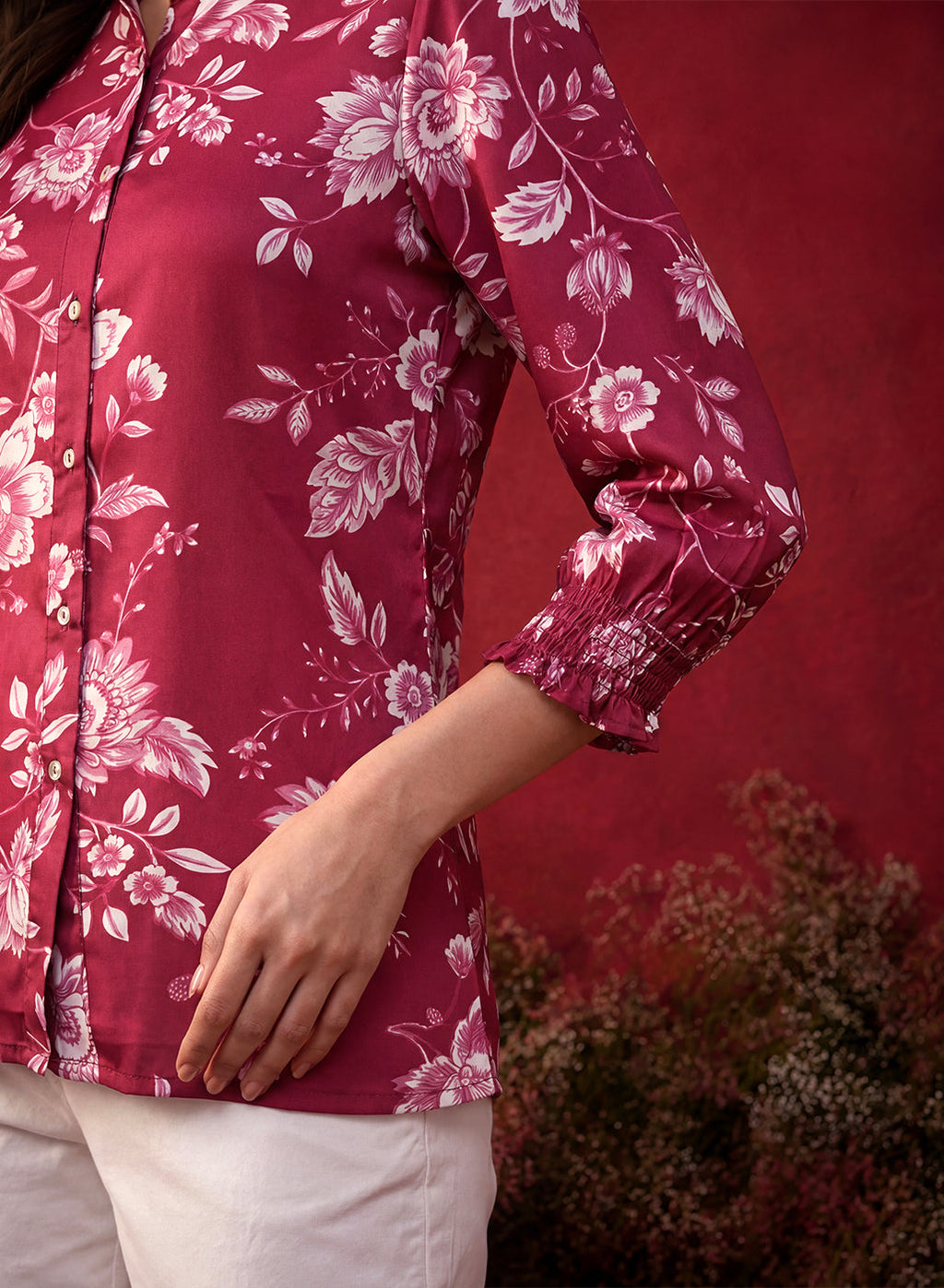 Fuchsia All Over Printed Satin Shirt