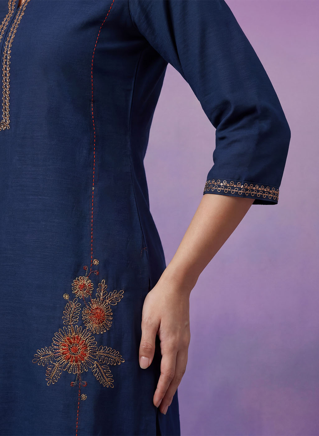 Blue Cotton Blend Embroidered Kurta Set