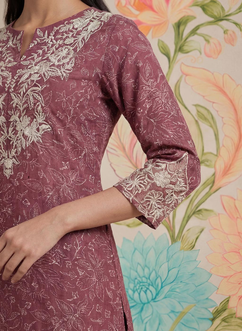 Iraavat Wine Embroidered Cotton Kurta Set