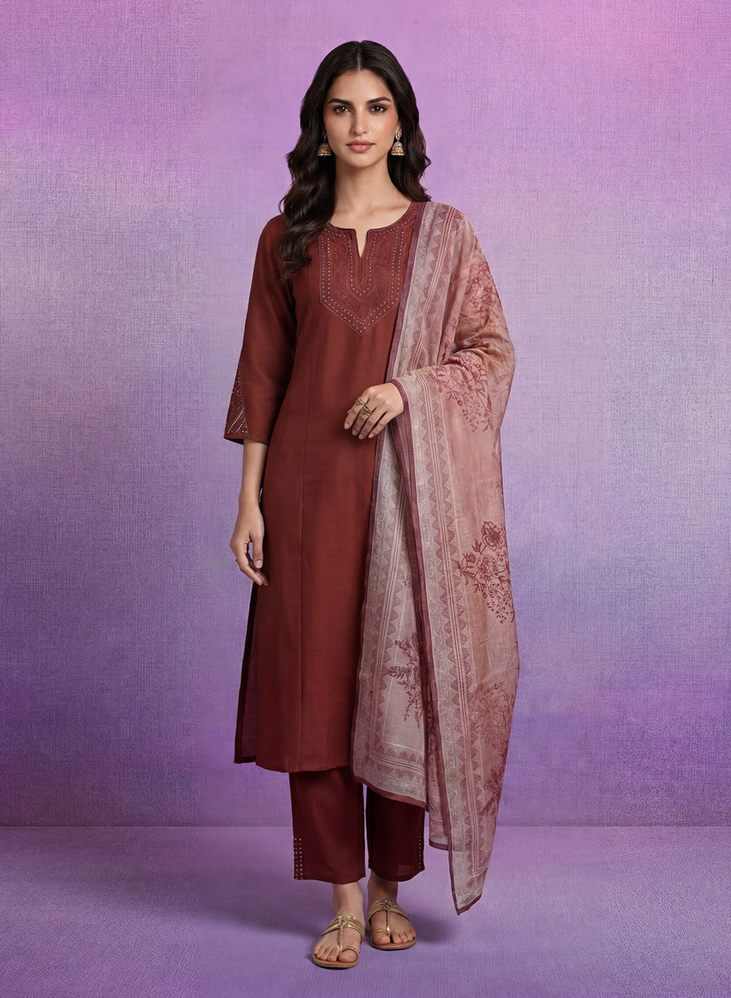 Fuchsia Embroidered Silk Suit Set with contrast Dupatta