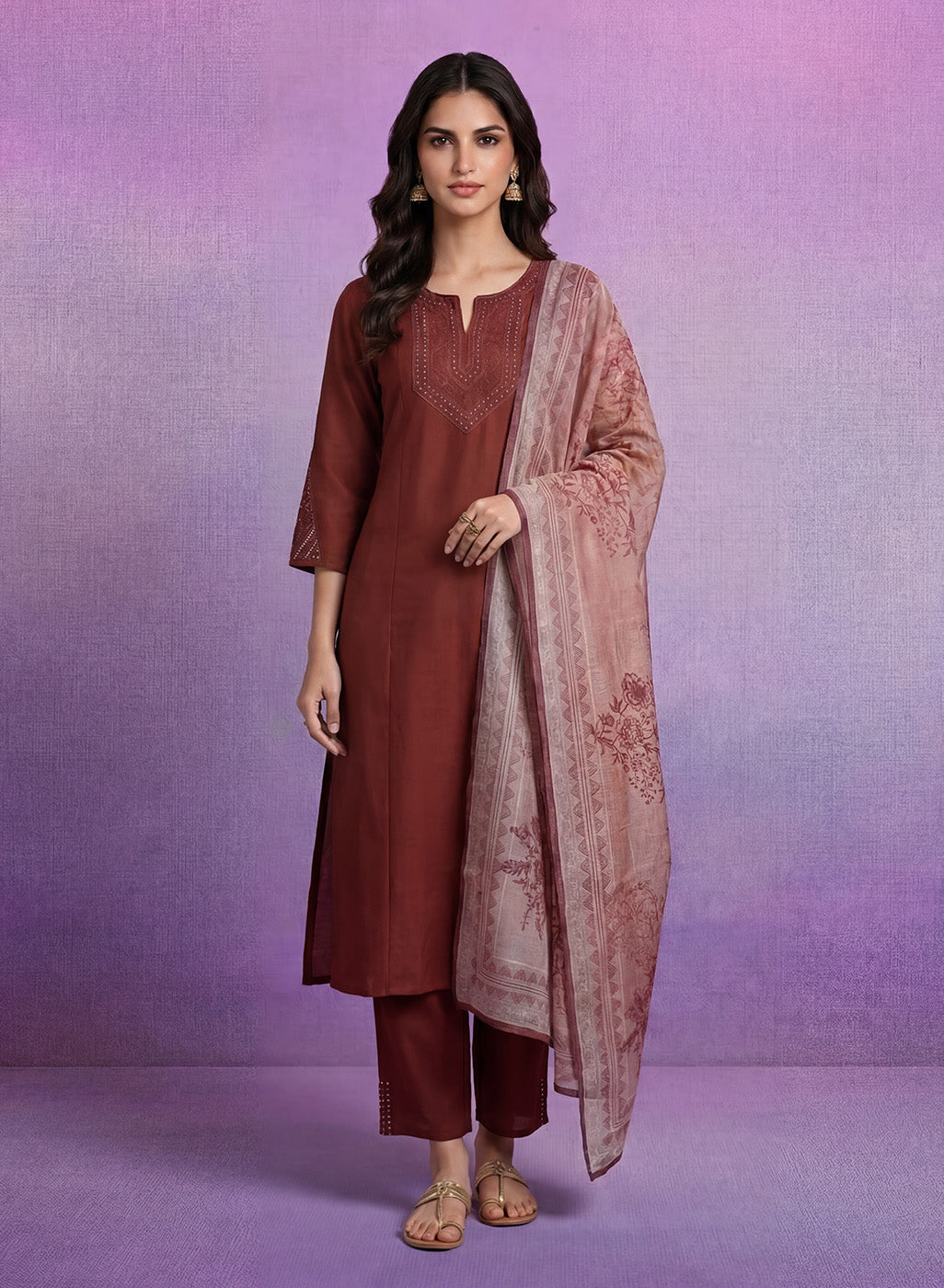 Fuchsia Embroidered Silk Suit Set with contrast Dupatta