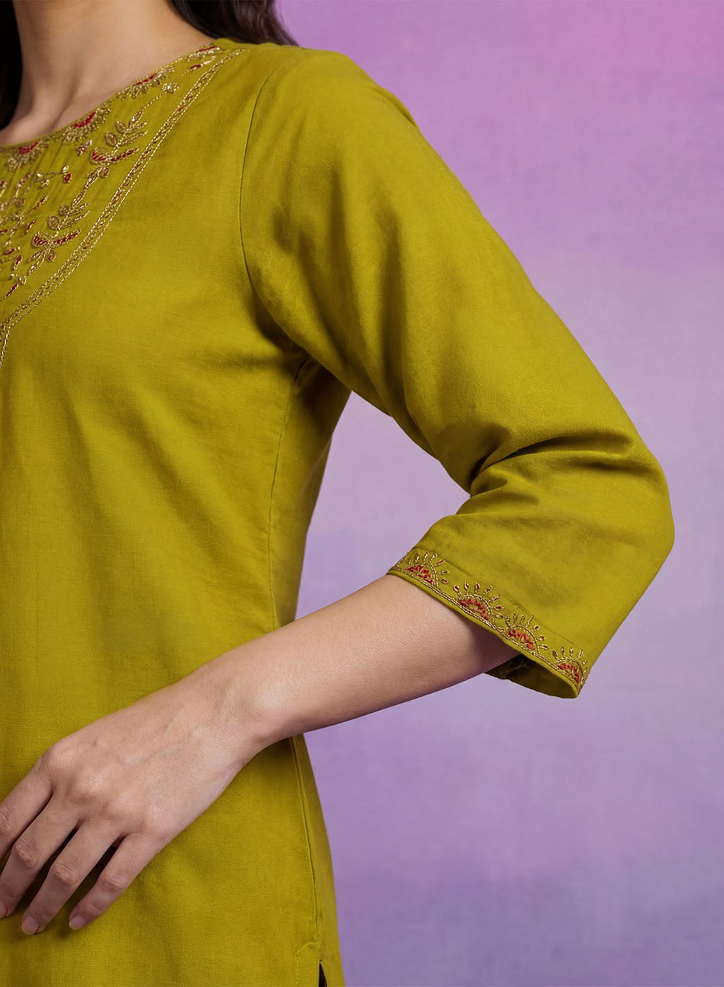 Green Embroidered Cotton blend Kurta Set