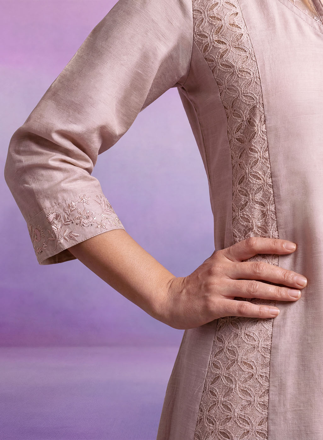 Cream Embroidered A-line Kurta Set