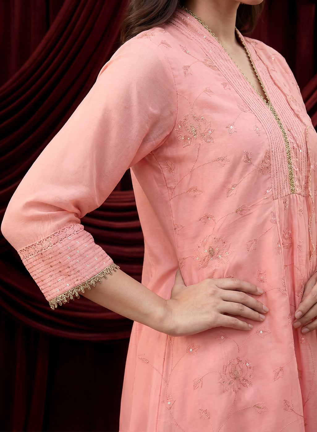 Pink Embroidered Chanderi Suit Set