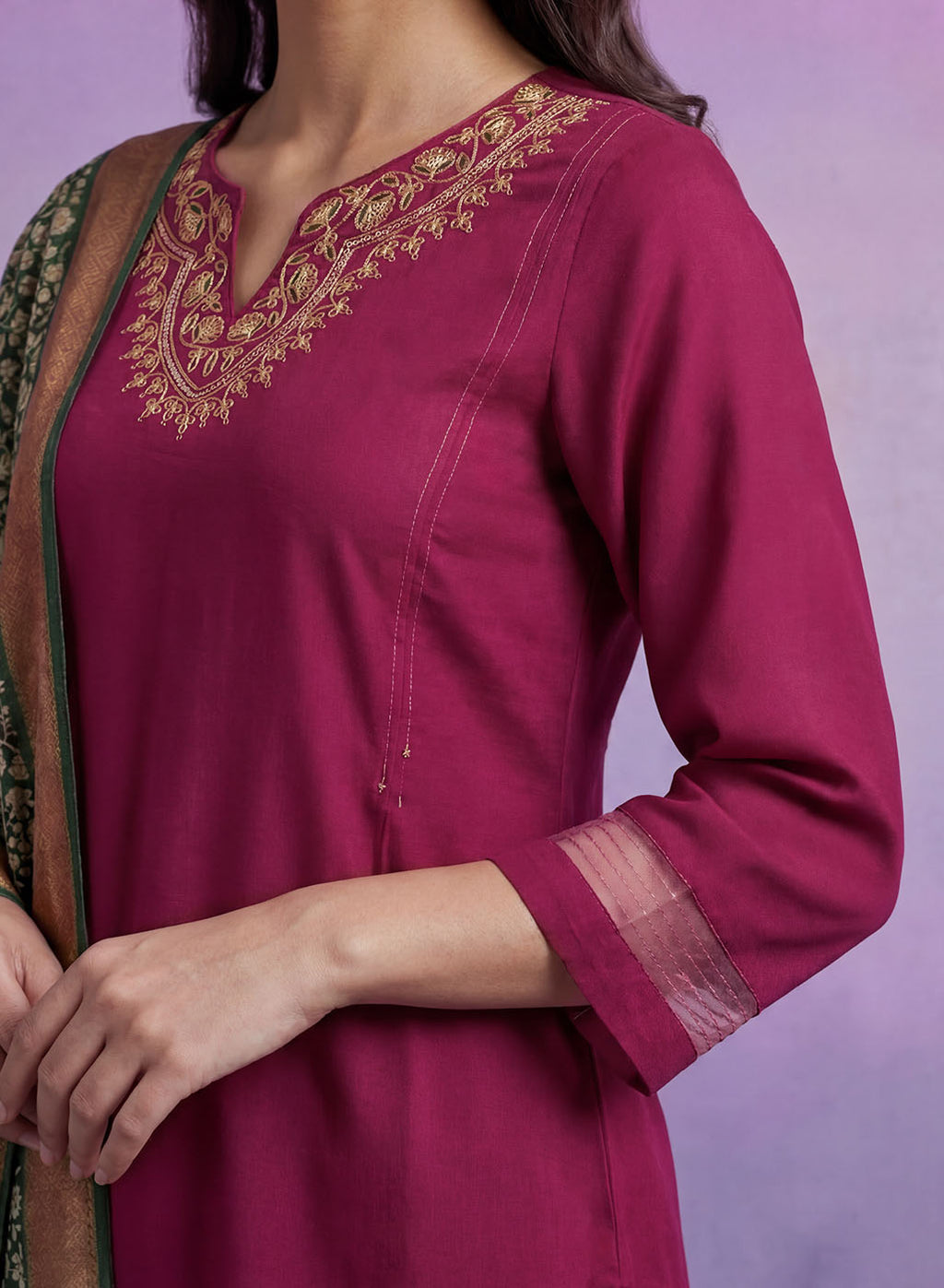 Fuchsia Embroidered Suit Set with contrast Dupatta