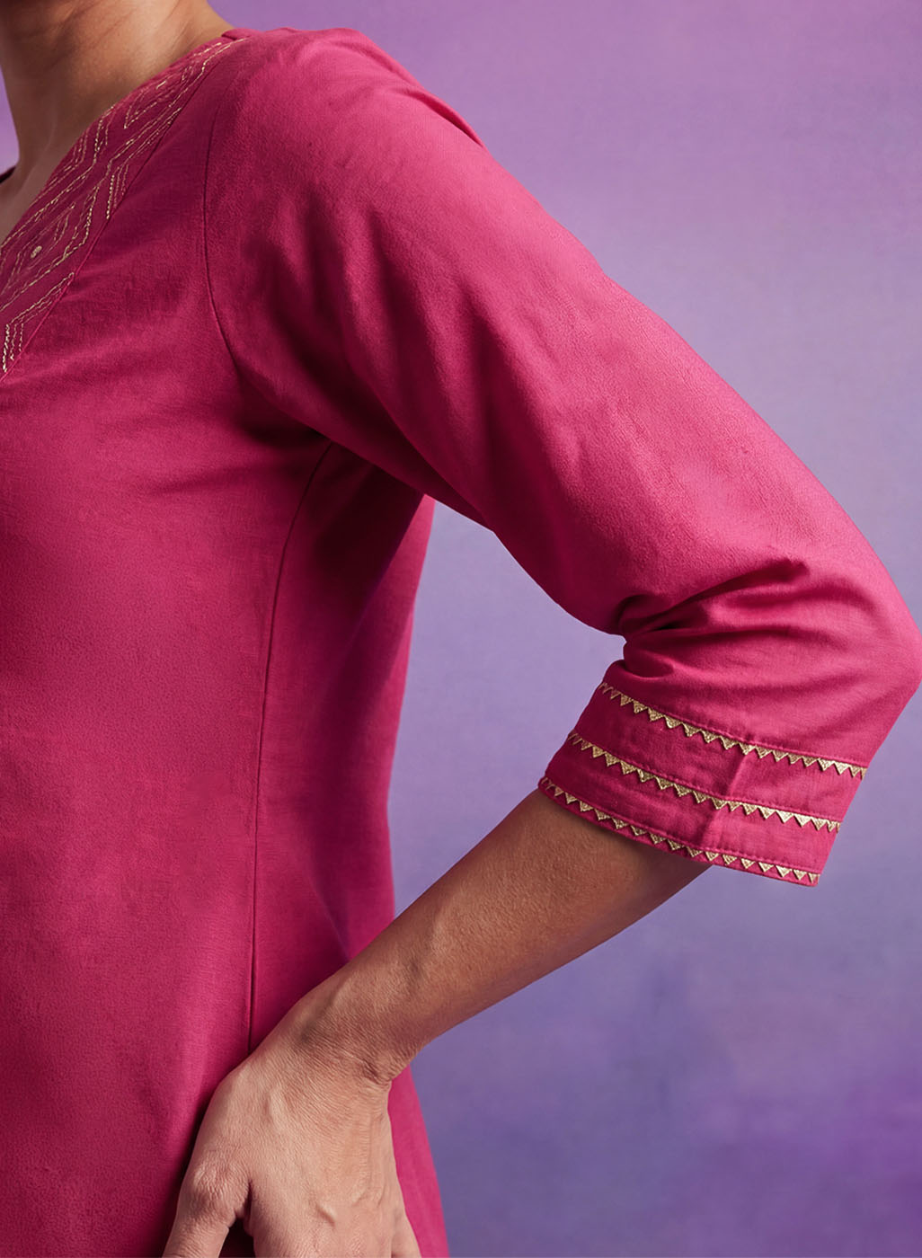 Fuchsia Cotton Blend Embroidered Kurta Set