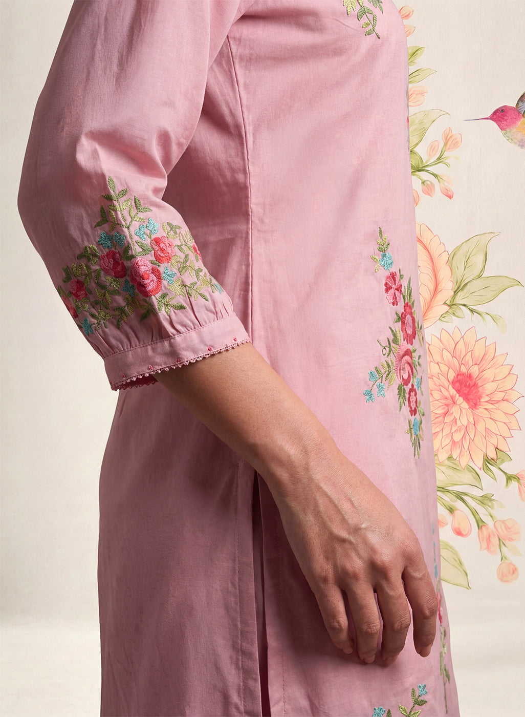 Saavan Pink Embroidered Cotton blend Kurta Set