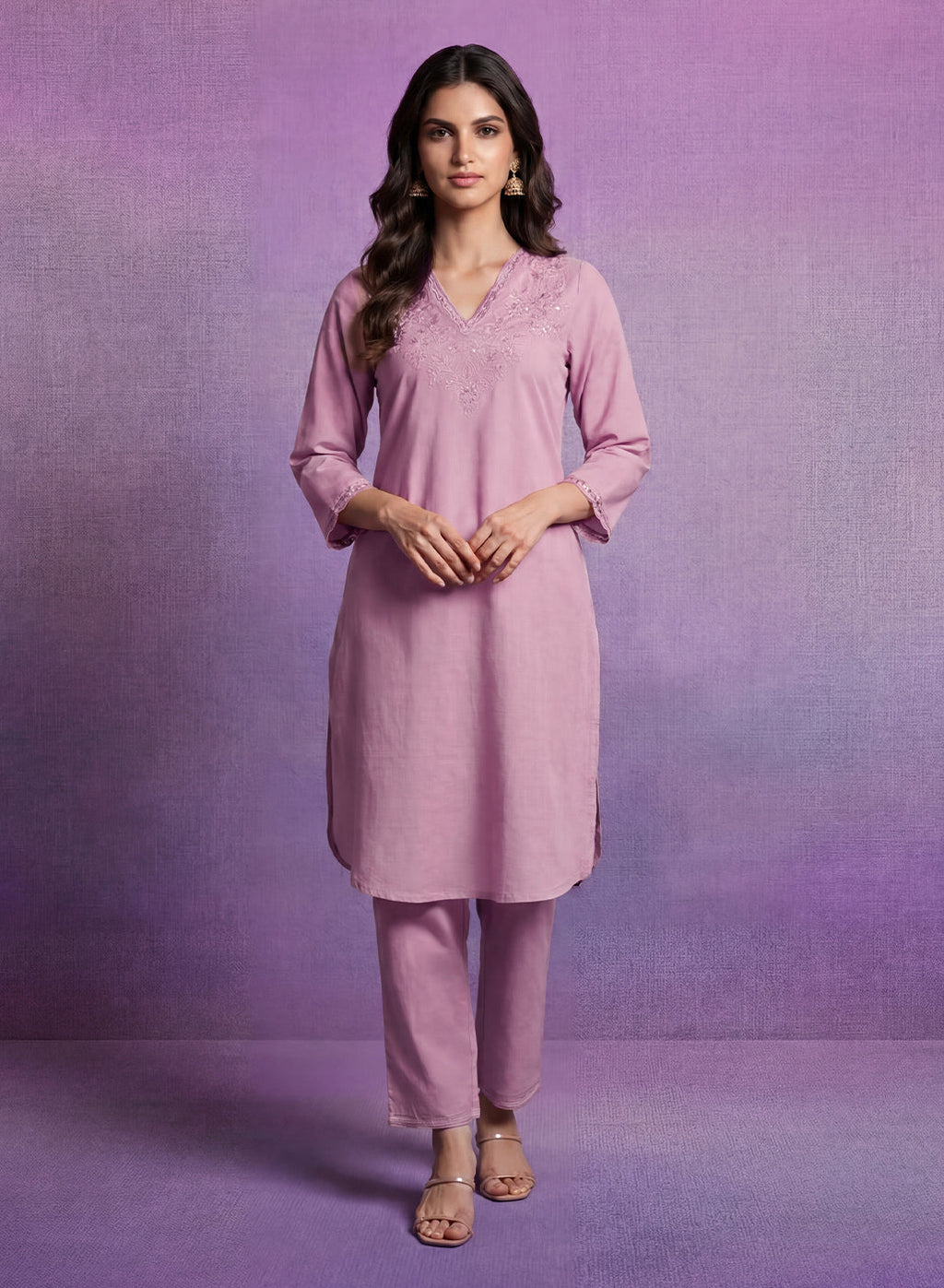 Pink Embroidered Straight Kurta Set