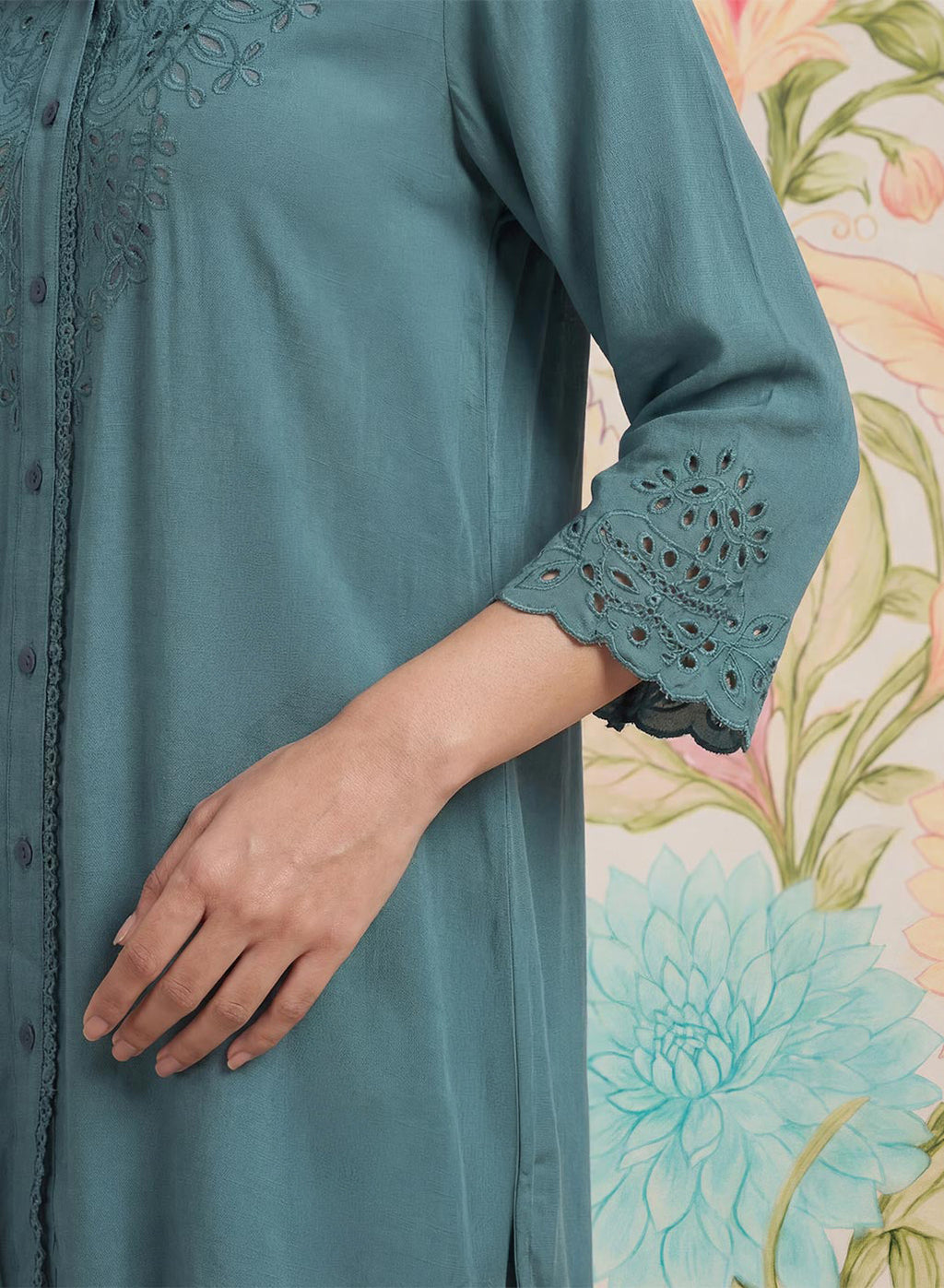 Zoa Teal Monochrome Embroidered Co-ord Set