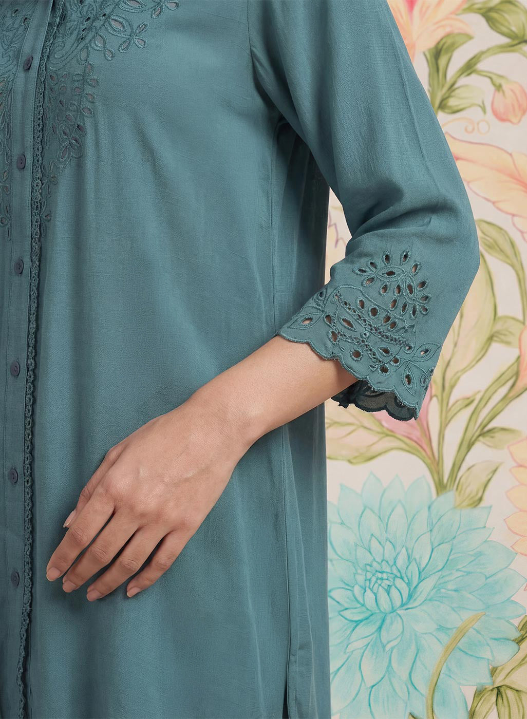 Zoa Teal Monochrome Embroidered Co-ord Set