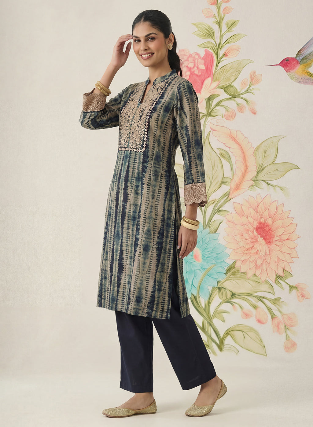 Anika Blue Printed Chanderi Straight Kurta