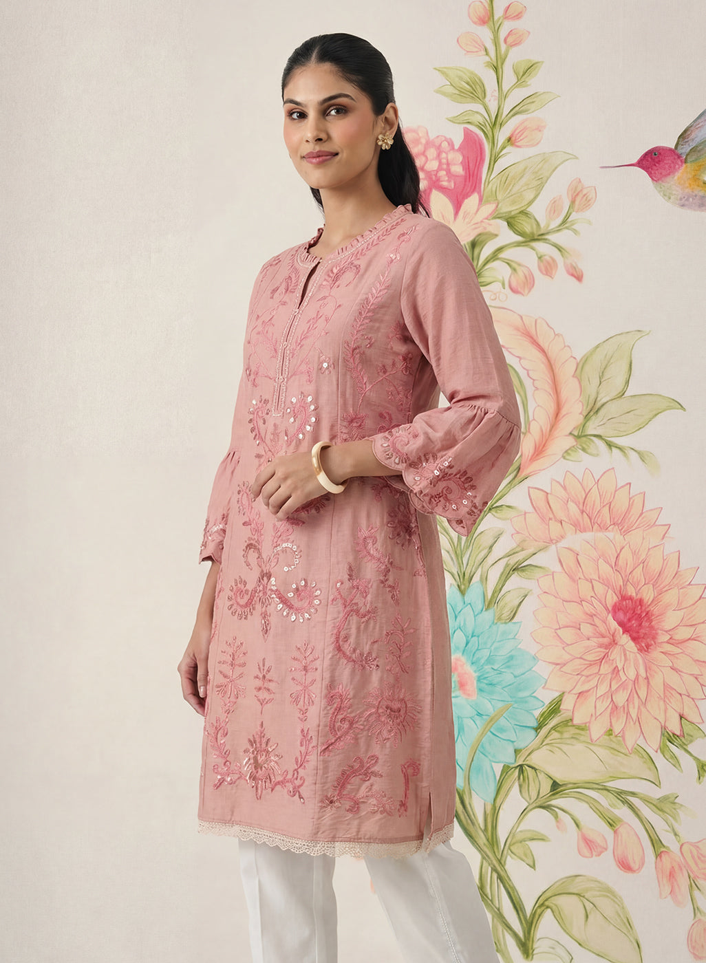 Saaj Light Pink Embroidered Cotton Blend Kurta