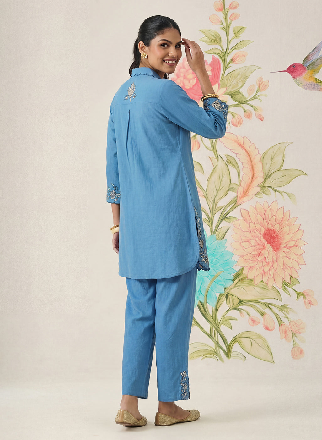 Nayra Blue Embroidered Linen Co-ord Set