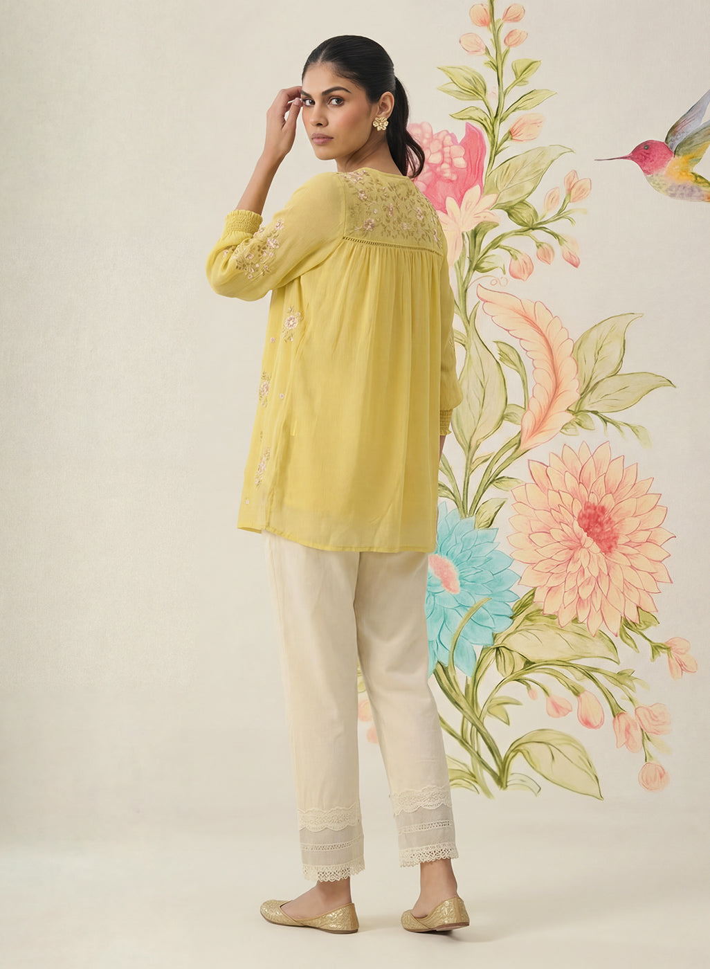 Savera Lemon Yellow Embroidered Chiffon A-line Top