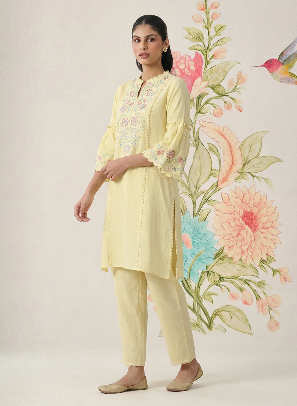 Agasti Butter Yellow Embroidered Kurta Set
