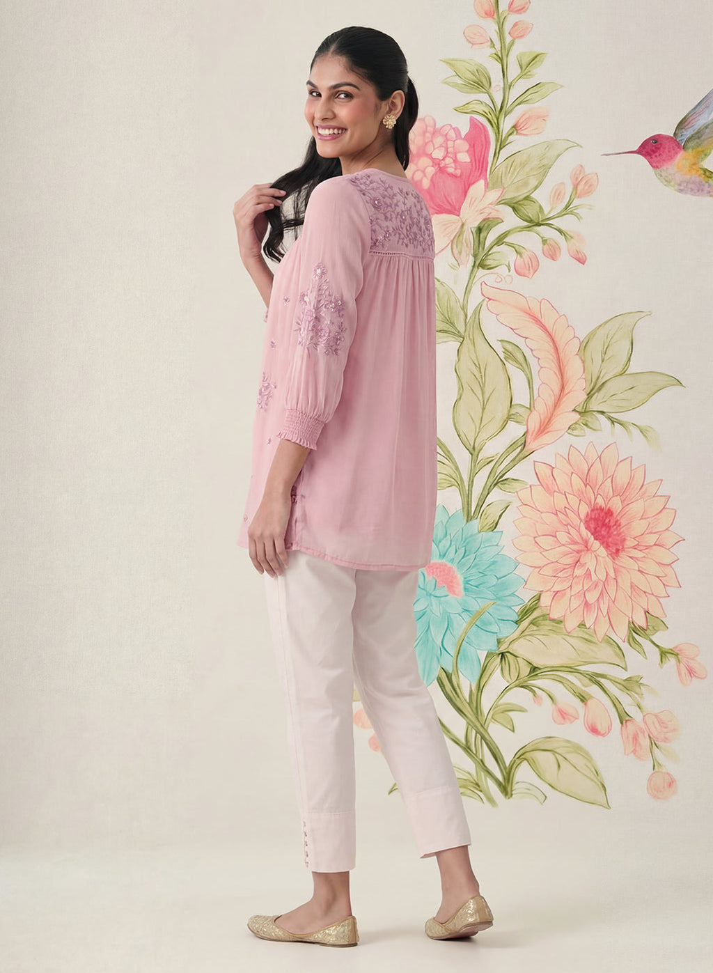 Savera Baby Pink Embroidered Chiffon A-line Top