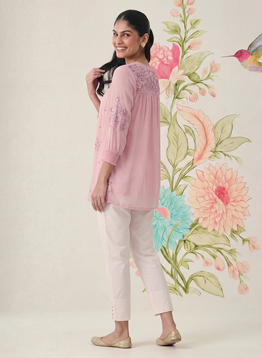 Savera Baby Pink Embroidered Chiffon A-line Top