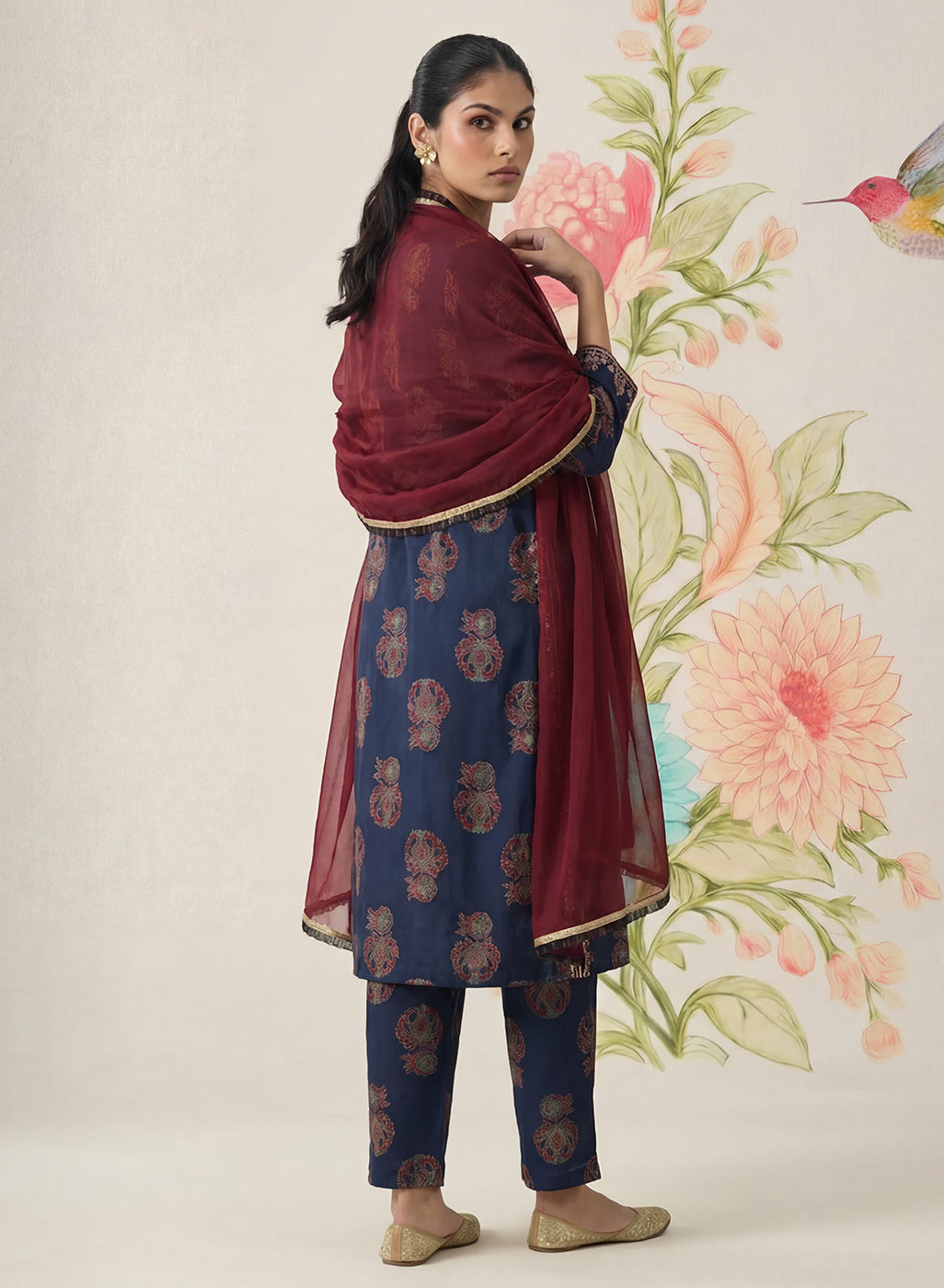 Mehr Navy Printed Cotton Blend Suit Set with Dupatta