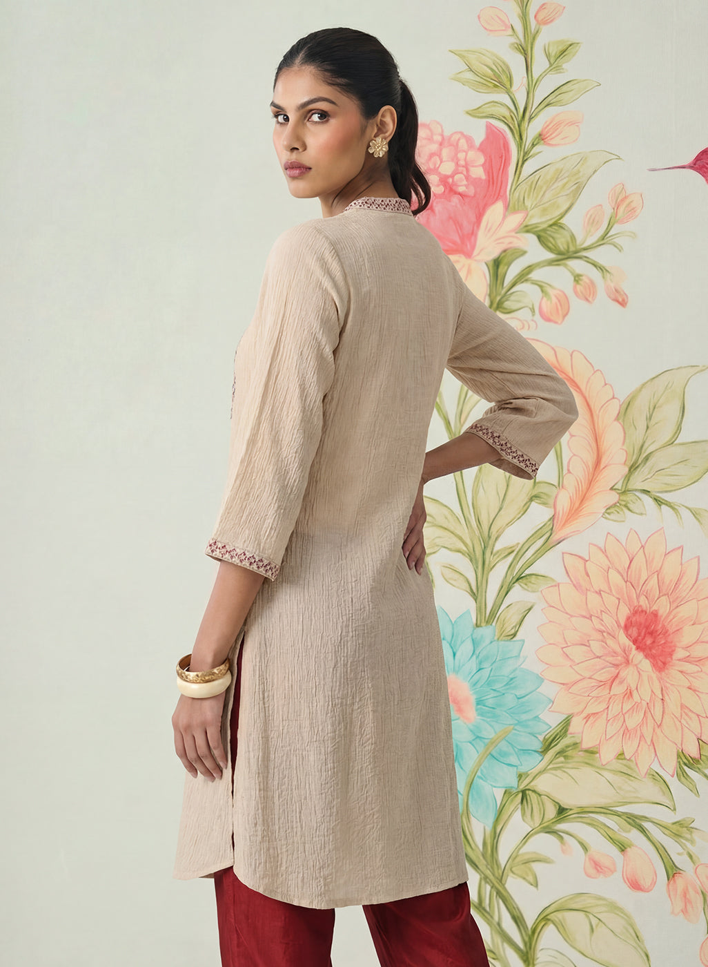 Aviya Beige Cotton Blend Embroidered Straight Kurta