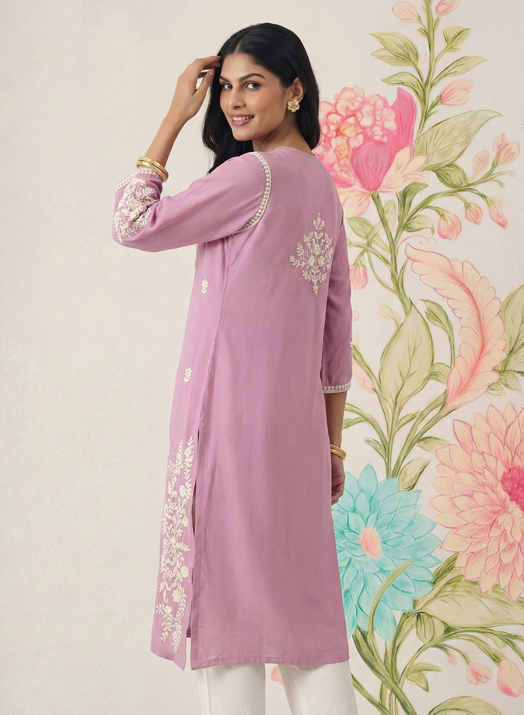 Yashvi Pink Cotton Blend Embroidered Kurta