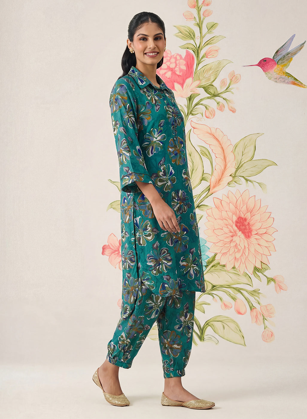 Khumari Teal Printed Cotton Blend Co-ord Set