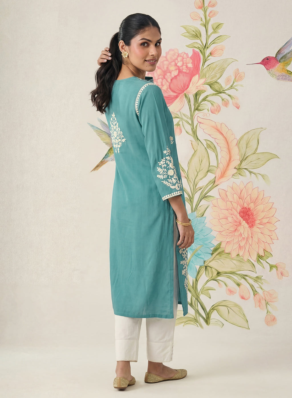 Yashvi Turquoise Cotton Blend Embroidered Kurta