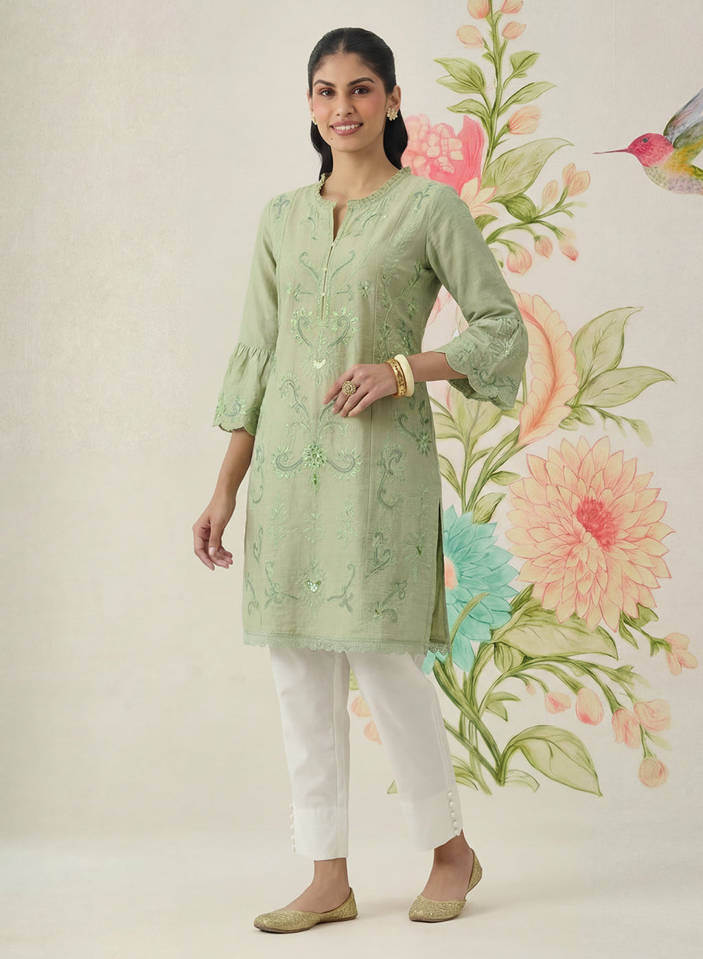 Saaj Light Green Embroidered Cotton Blend Kurta