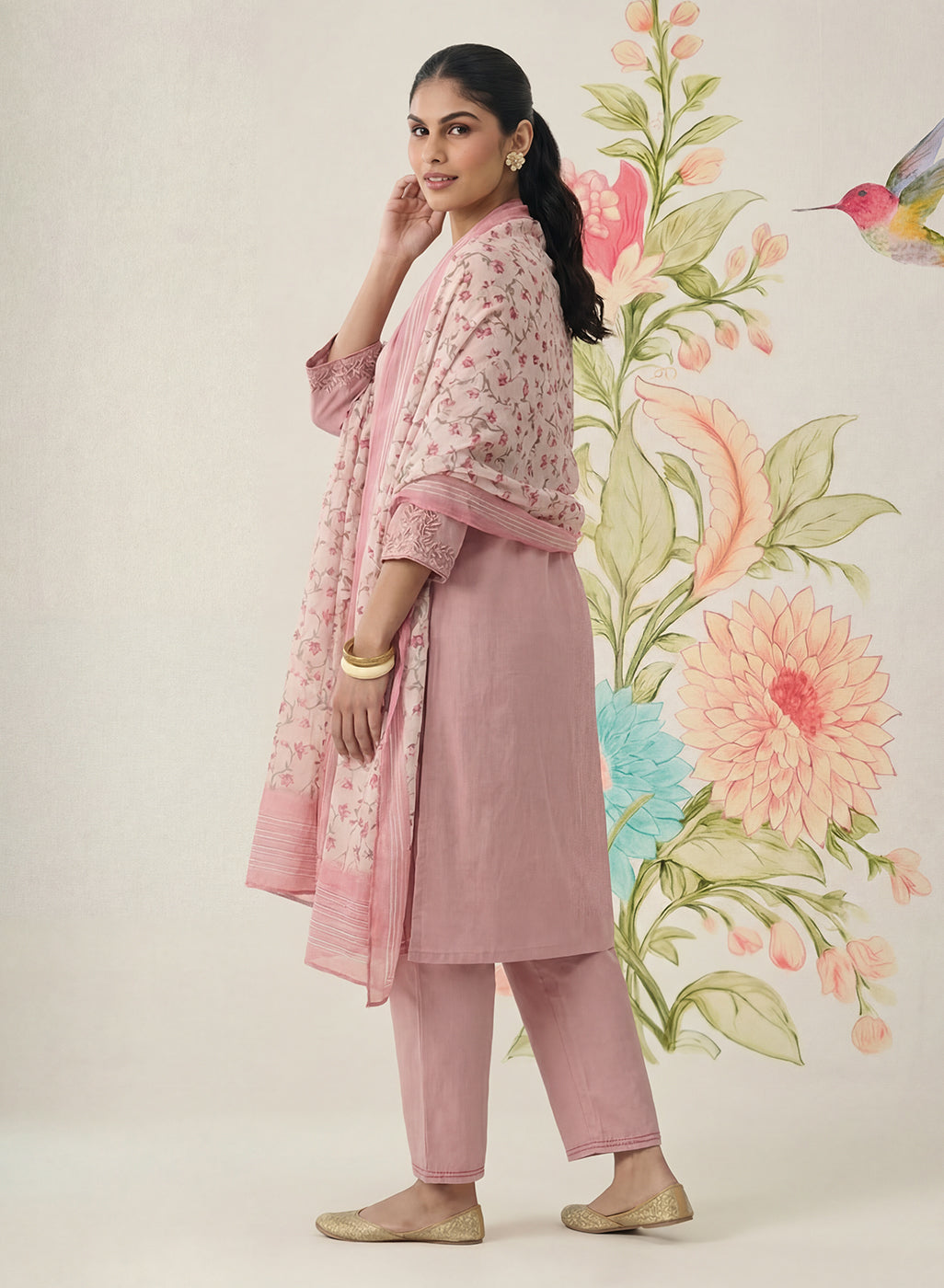 Afsana Pink Cotton Bend Embroidered A-line Suit Set with Dupatta