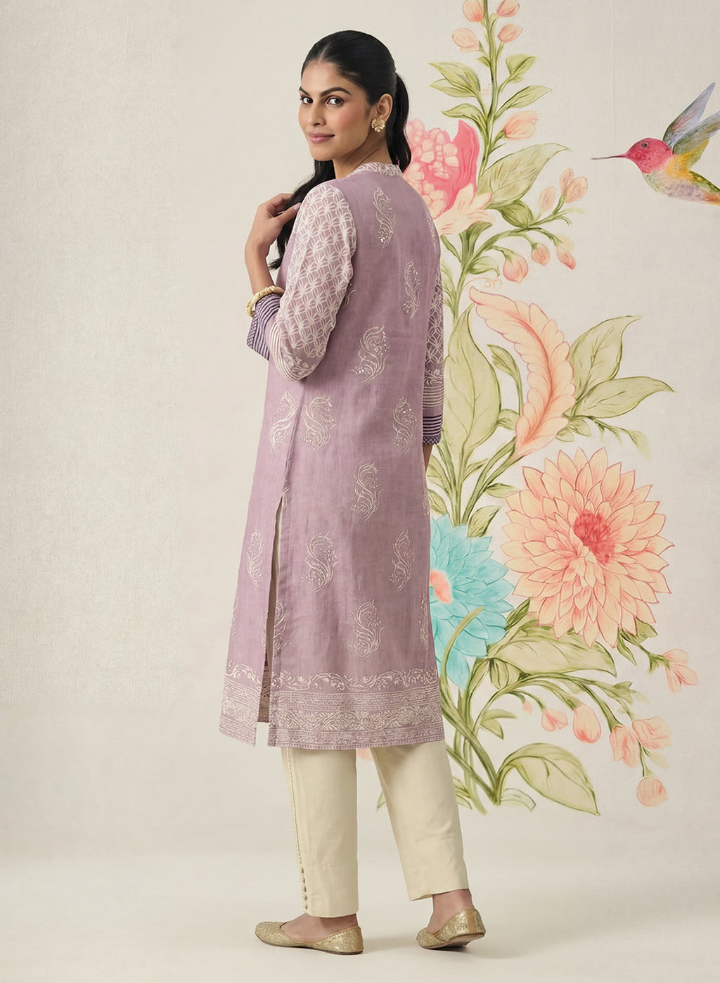 Arpora Lavender Printed Linen Straight Kurta