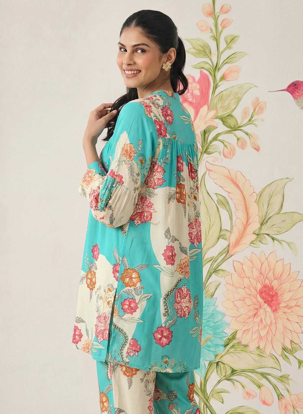 Yamika Blue Cotton Blend Printed Co-ord Set