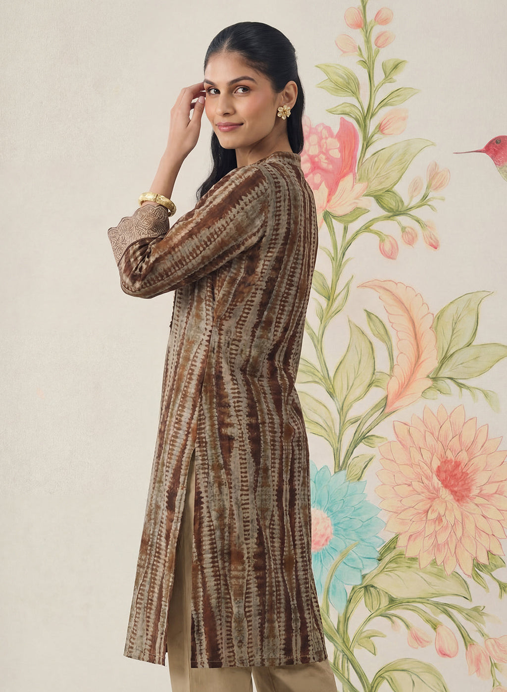Anika Brown Printed Chanderi Straight Kurta