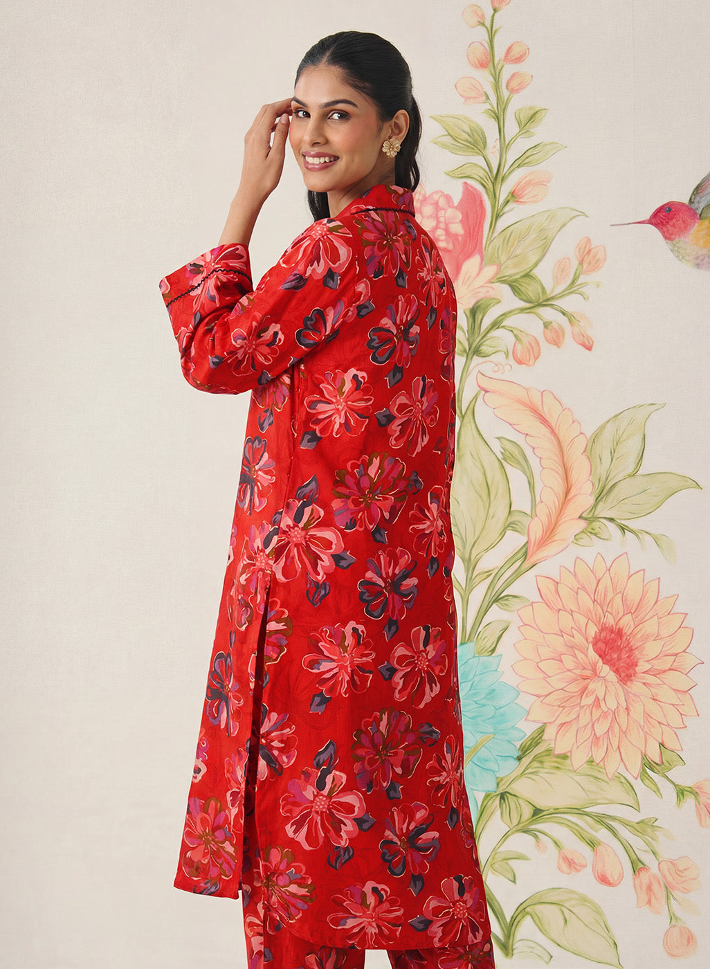 Khumari Red Printed Cotton Blend Co-ord Set