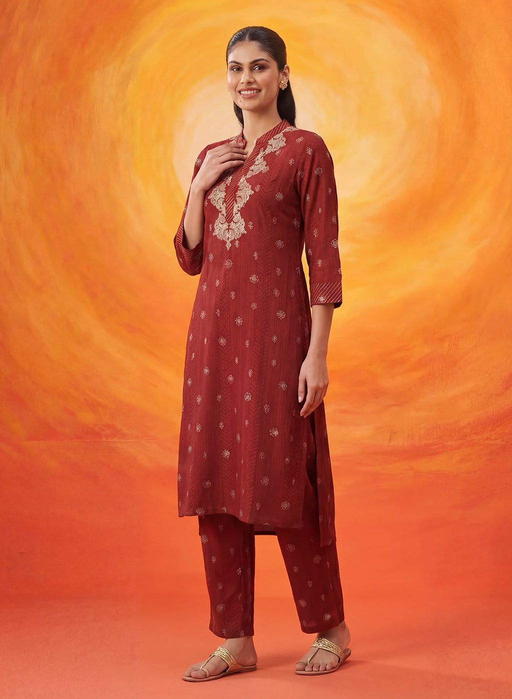 Chalka Red Printed Cotton Blend Kurta Set