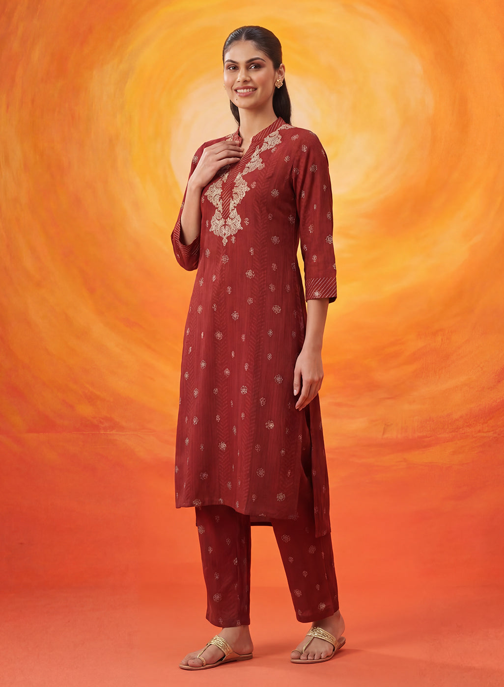 Chalka Red Printed Cotton Blend Kurta Set