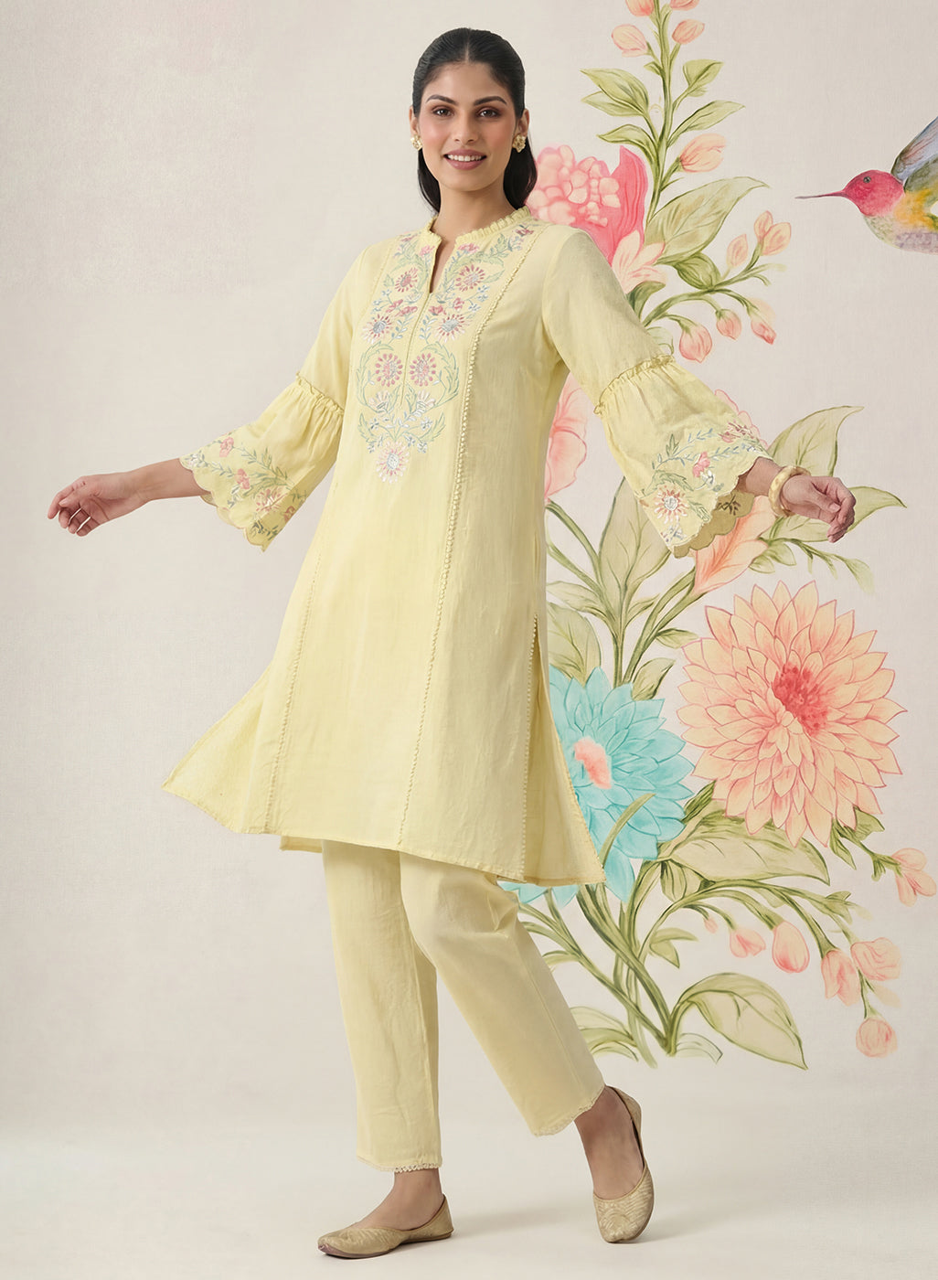 Agasti Butter Yellow Embroidered Kurta Set