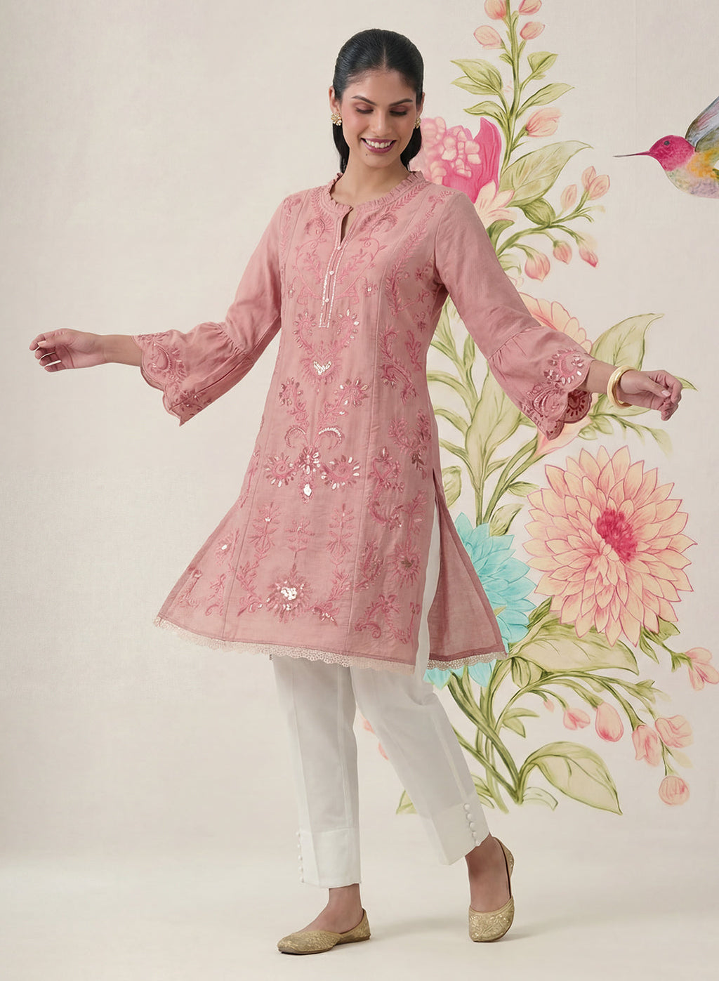 Saaj Light Pink Embroidered Cotton Blend Kurta
