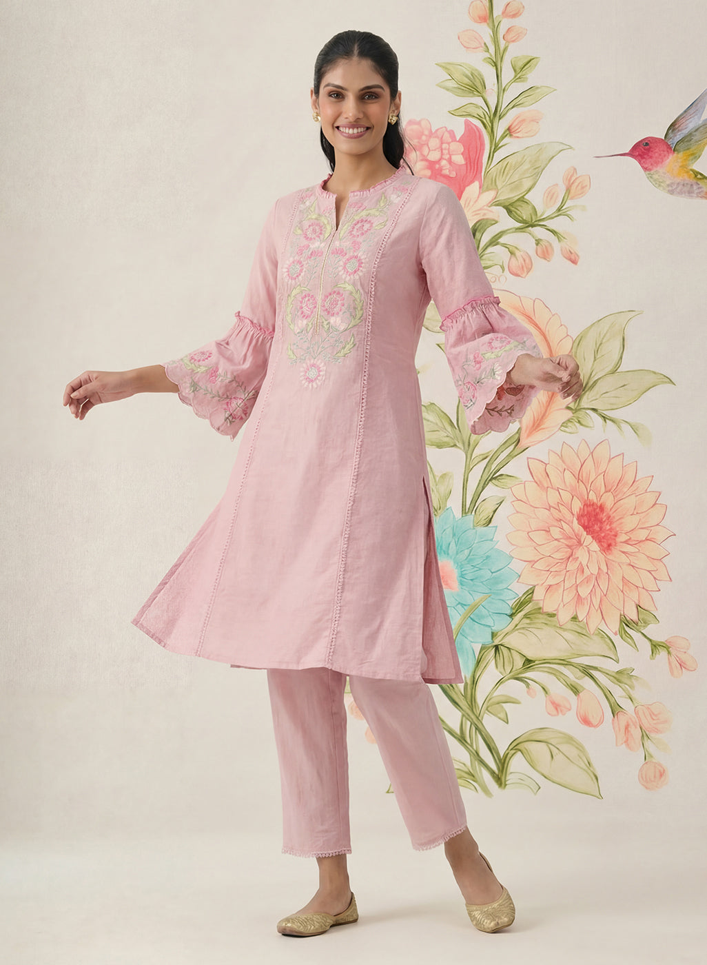 Agasti Baby Pink Embroidered Kurta Set